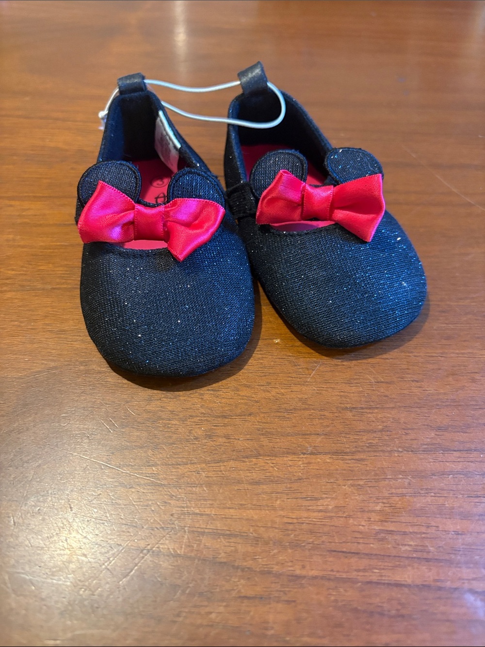 Disney Black Glitter Baby Shoes with Hot Pink Bow